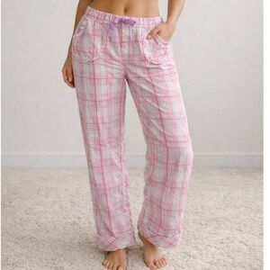 Pink Plaid Pajama Lounge Pants Ruffle Pocket Cotton Modal Y2K Size M